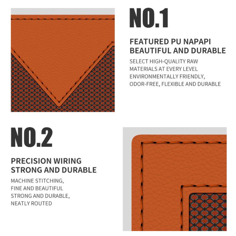 Orange car net storage pocket with stitched PU edge and V-shaped front insert.