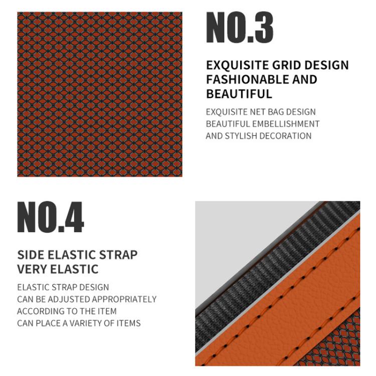 Orange net storage pocket detail showing grid mesh texture and V-shaped design.