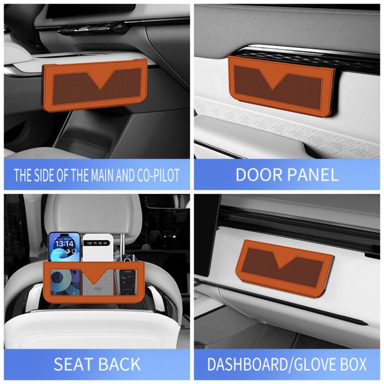 Orange car storage net bag attached inside vehicle door and seat back compartments.