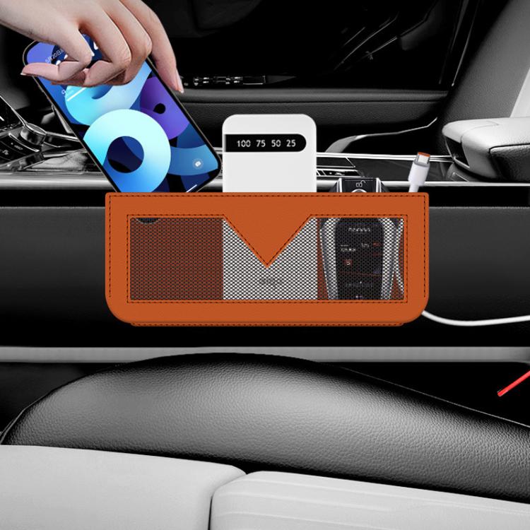 Car seat side storage net bag with orange pocket inserts for phone, receipts, and cards