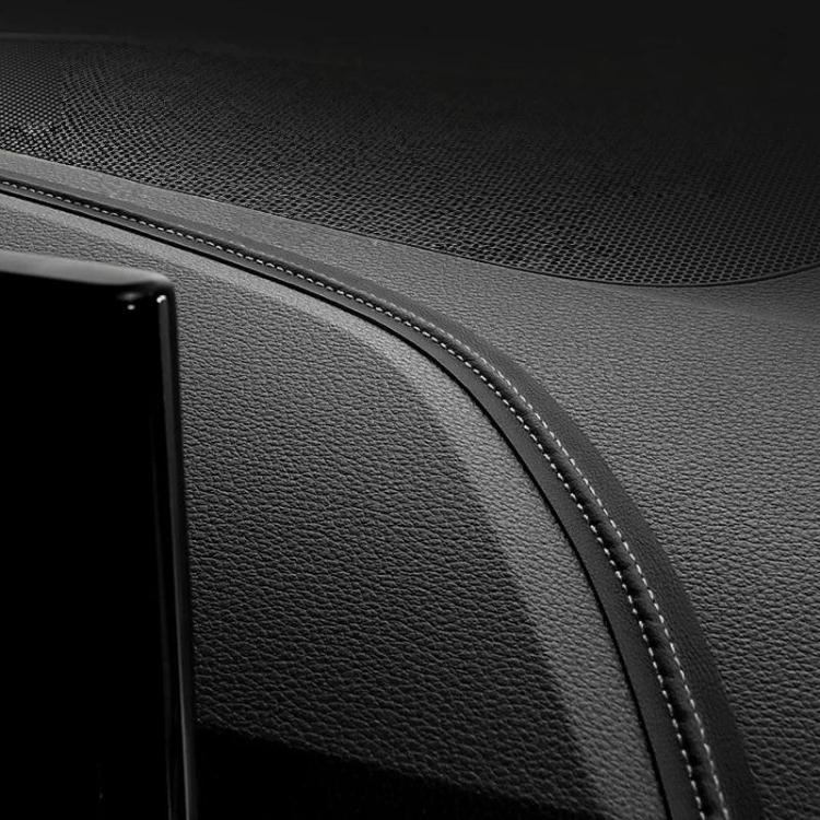Car interior gap leather trim strip with white edge stitching