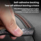 Leather-style trim strip held by hand with black surface and red stitched edge
