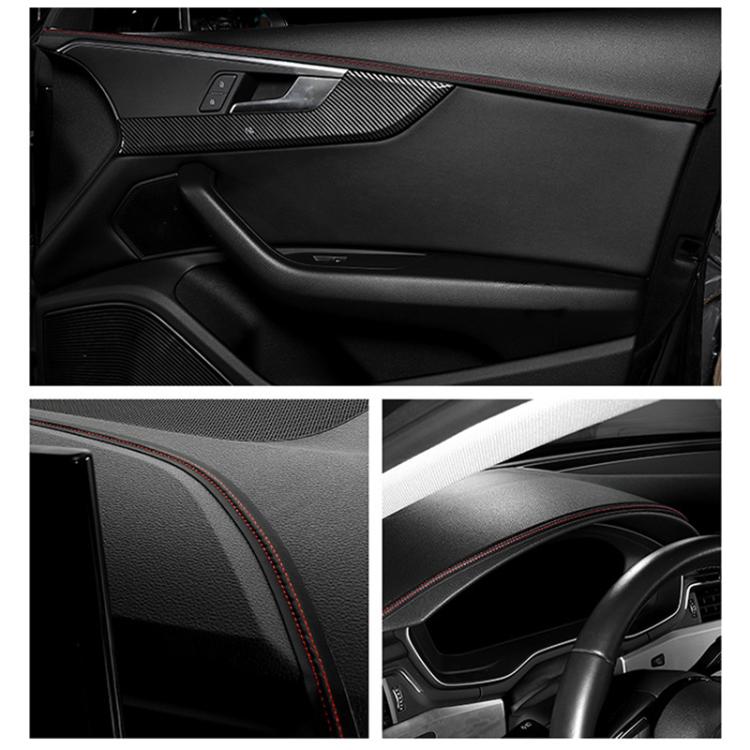 Car interior door panel with black leather-style trim strip and red stitched edge