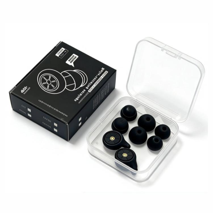 Black ring earplugs kit with clear storage case and three pairs of tips