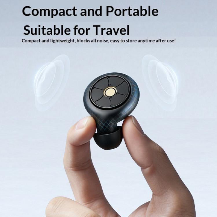 Black noise reduction sleep earplug with round acoustic filter cap, compact design