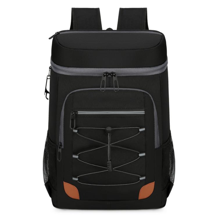 Black insulated cooler backpack with zip top and front panel organizer pocket