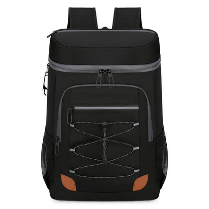 Black insulated cooler backpack with zip top and front panel organizer pocket