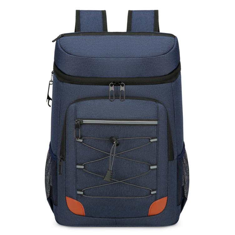 Blue insulated cooler backpack with zip top and front panel organizer pocket