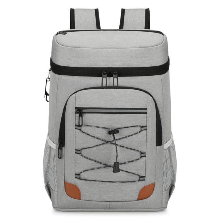 Light gray insulated cooler backpack with zip top and front panel organizer pocket