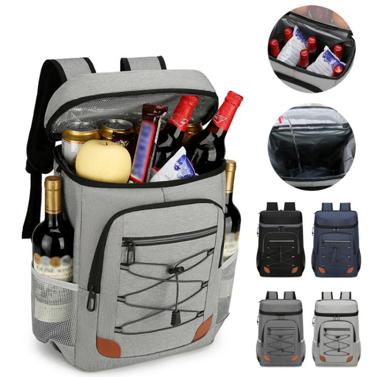 Light gray insulated cooler backpack shown open with front organizer and side mesh pocket