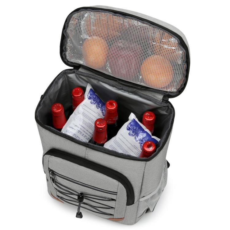 Light gray insulated cooler backpack open with mesh top and front zip storage