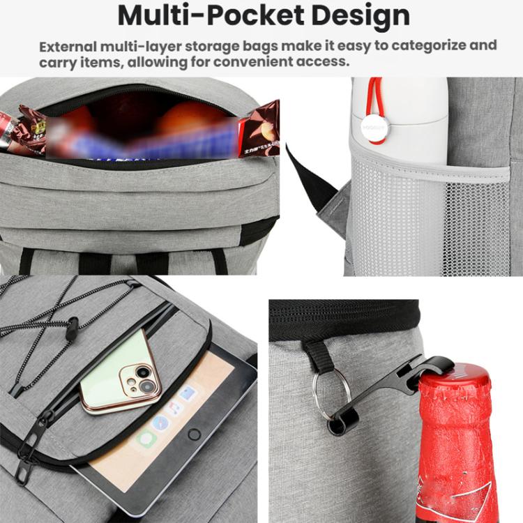 Light gray insulated cooler backpack with exterior multi-pocket storage and side bottle holder