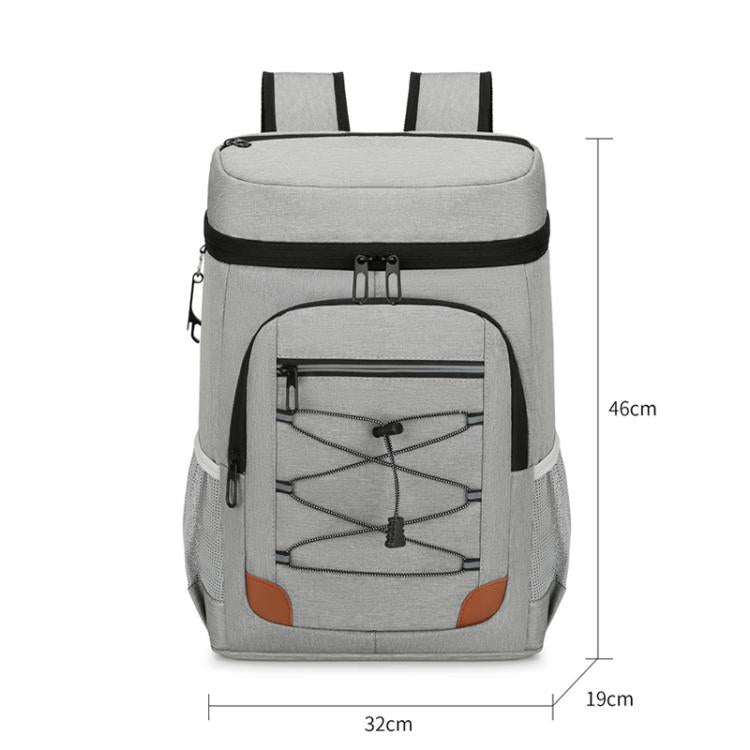 Light gray insulated backpack cooler with front zipper compartment and orange base