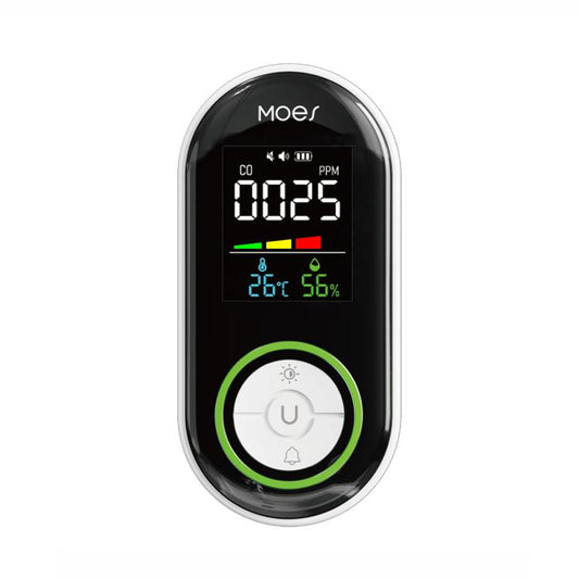 MOES plug-in CO detector with digital display, temperature, and humidity readings
