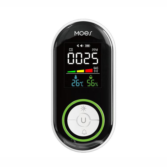 MOES plug-in gas detector showing GAS S12, CO PPM, and temperature/humidity readings