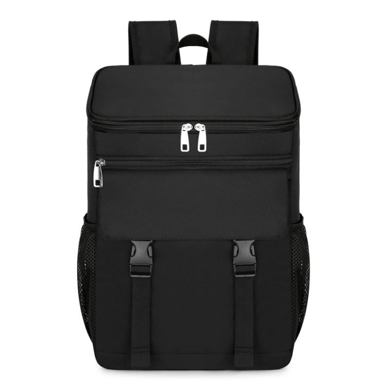 Vanaheimr insulated hiking backpack in black, front zip pocket and padded front panel.