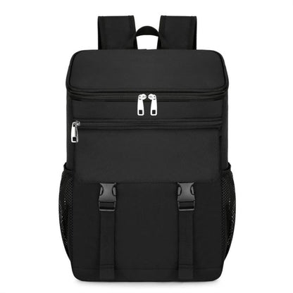 Vanaheimr insulated hiking backpack in black, front zip pocket and padded front panel.