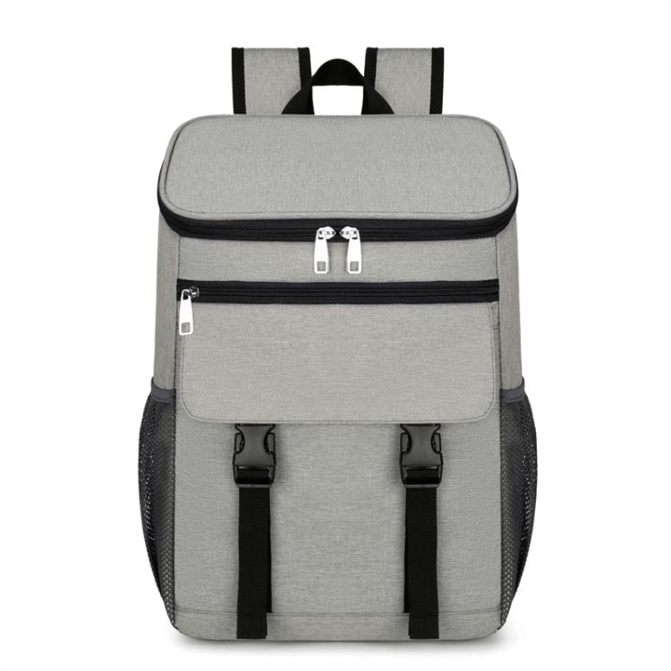 Vanaheimr insulated hiking backpack in gray, front zip pocket with padded top panel.
