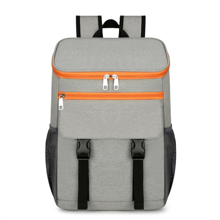 Vanaheimr insulated hiking backpack in gray with orange zipper accents and front zip pocket.