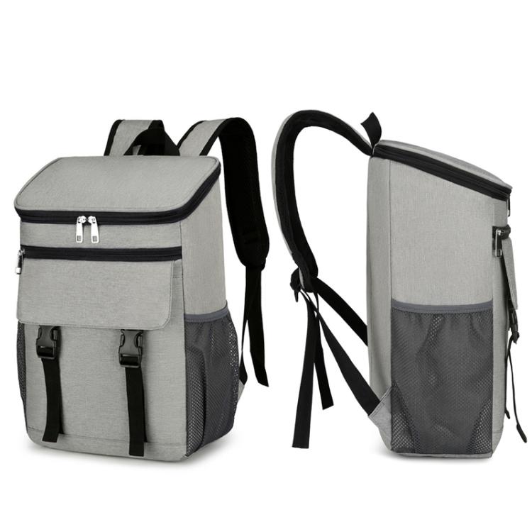Vanaheimr insulated hiking backpack in gray, front and side views with adjustable straps.