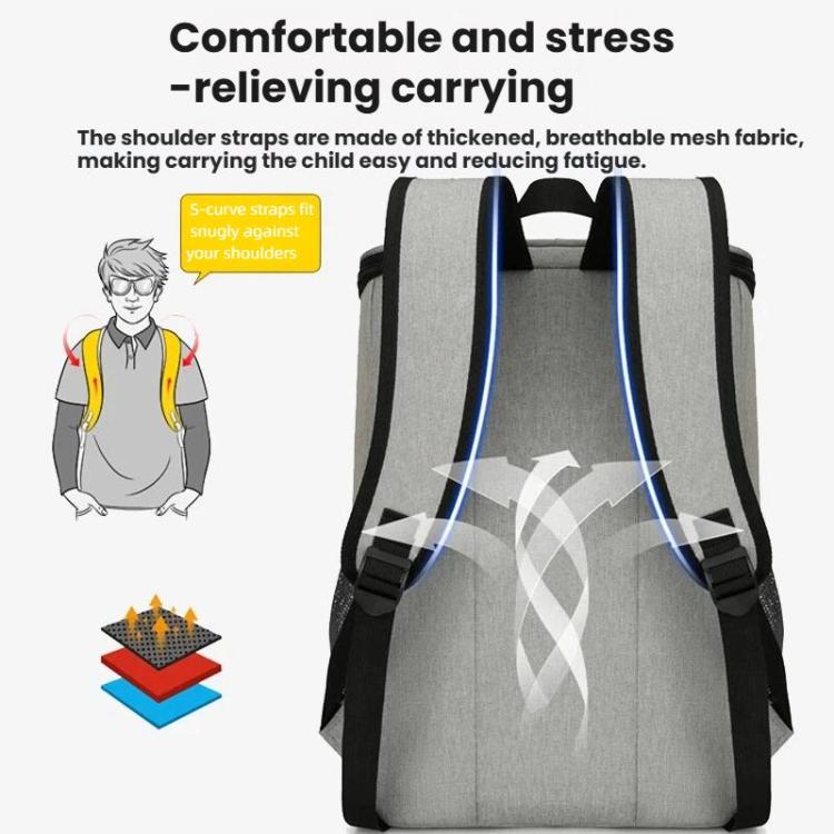 Gray insulated daypack with padded shoulder straps and front zipper pocket.