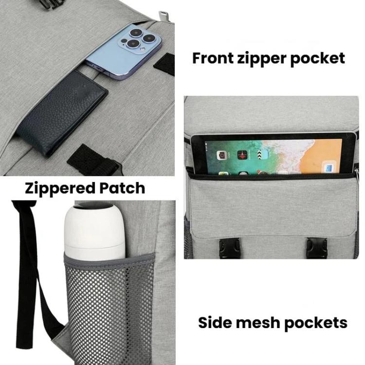 Gray backpack detail view: front zipper pocket and side mesh pockets.