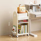 Rolling book storage cart with open compartments, side holder, and wheels