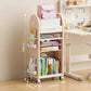 Rolling kids storage cart with open shelves, side organizer, and pink top compartment