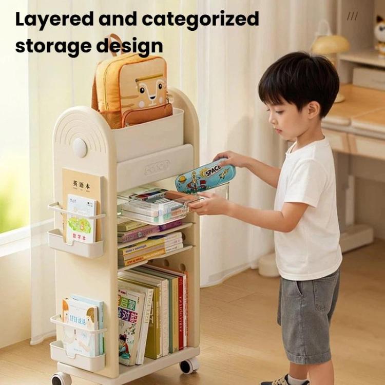 Rolling storage cart with layered shelves and side bins for books and school items