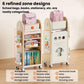 Kids rolling storage cart with labeled compartments, shelves, and side book area