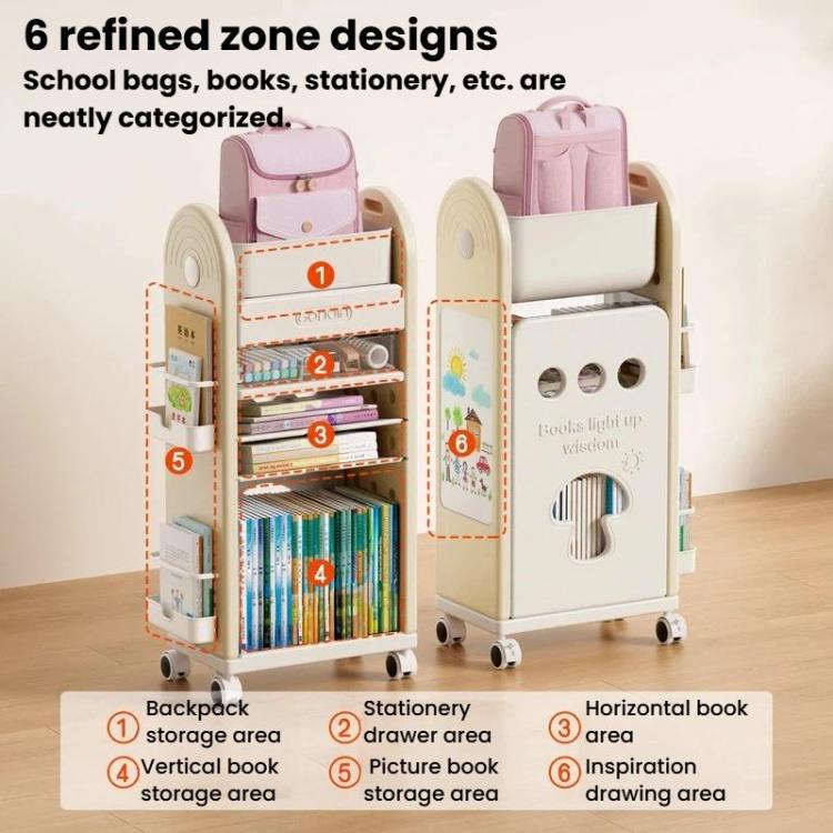 Kids rolling storage cart with labeled compartments, shelves, and side book area