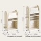 White rolling storage cart with open shelves, divider panels, and four caster wheels