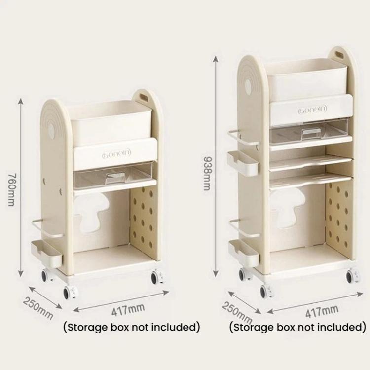 White rolling storage cart with open shelves, divider panels, and four caster wheels