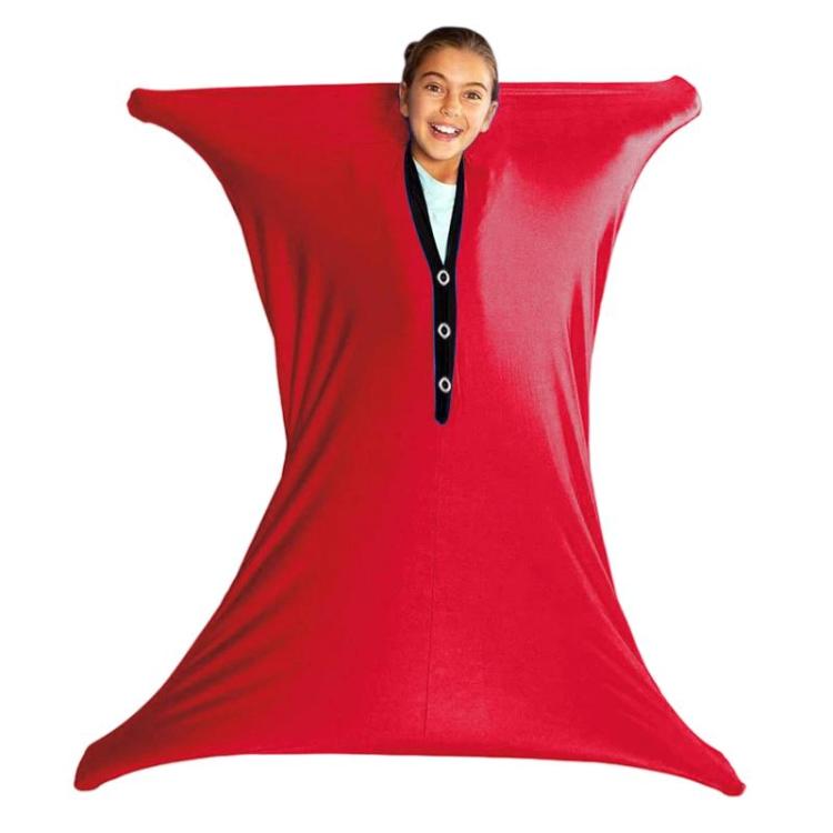 Red sensory body sock with arm openings and snap-studded front