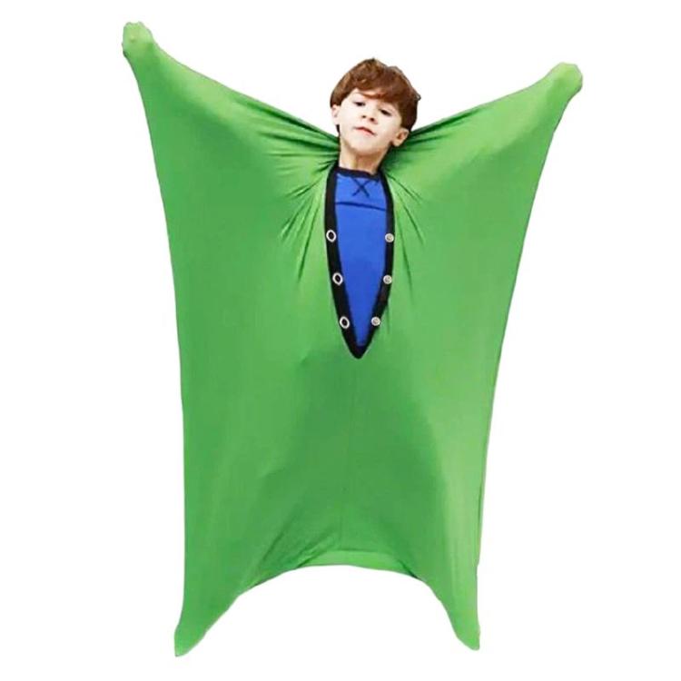 Green children’s sensory body sock with child inside, open wing shape