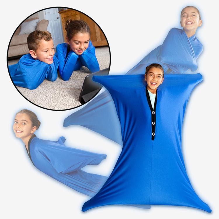 Blue children’s sensory body sock, child wearing a winged opening