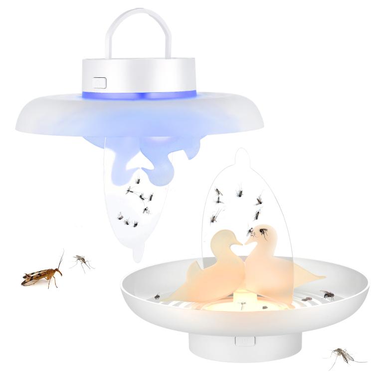White electronic insect trap with blue light, round tray base, insects floating around