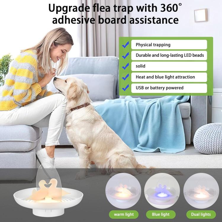 Round white flea trap on living room couch with warm and blue light modes