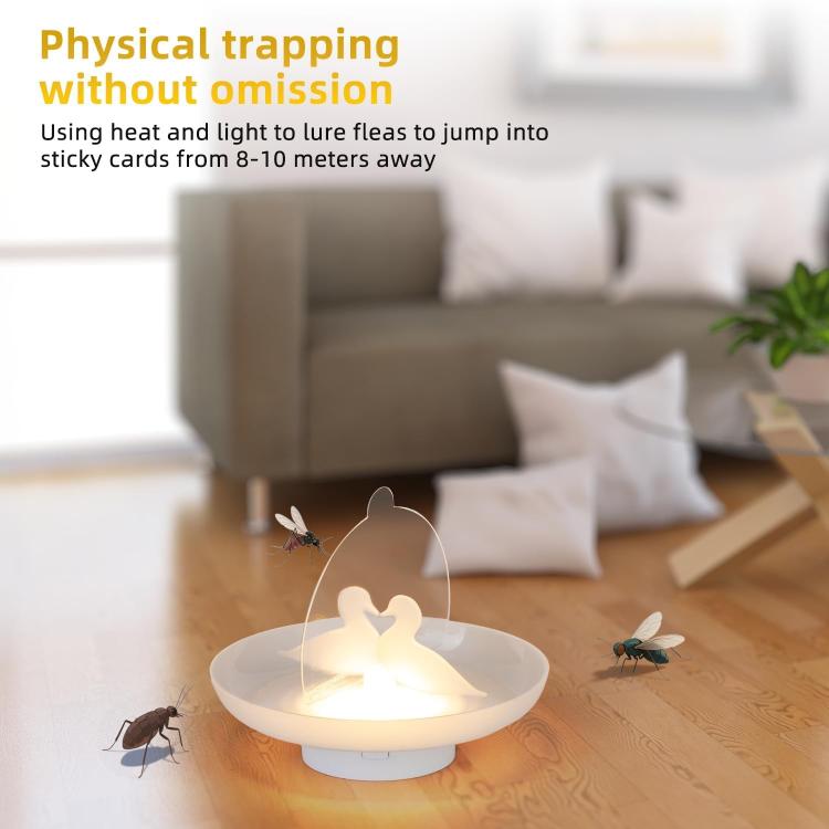 White glowing flea trap disc on floor with insects outside the base