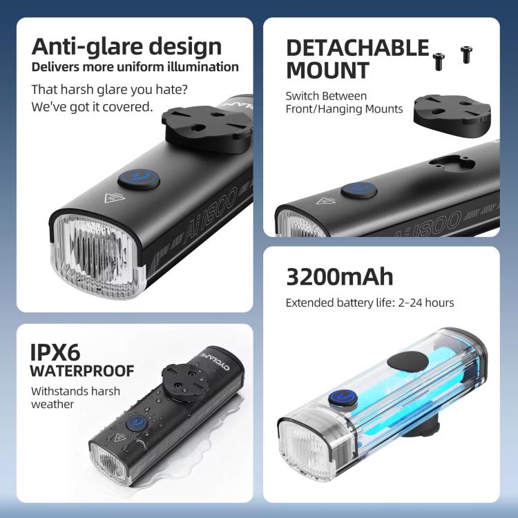 CYCLAMi AI1800 Bicycle Headlight Waterproof High-Intensity Night Riding Flashlight, AI1800