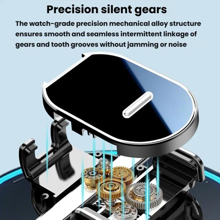 Black rotating phone holder showing internal gear mechanism under cradle