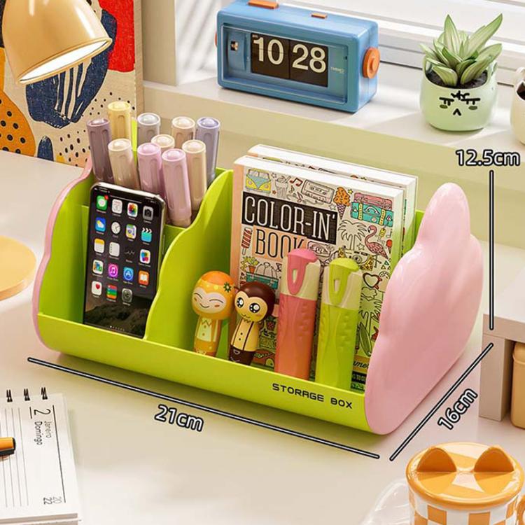 Green and pink cosmetic storage rack with open front holds markers, a book, and a phone