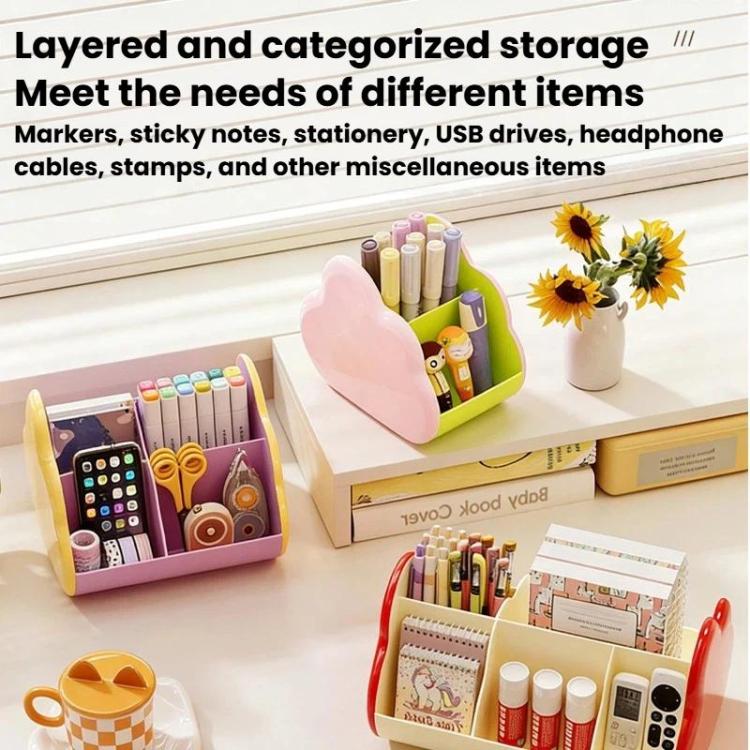 Polygonal desktop cosmetic storage box with pink front and purple/green compartments