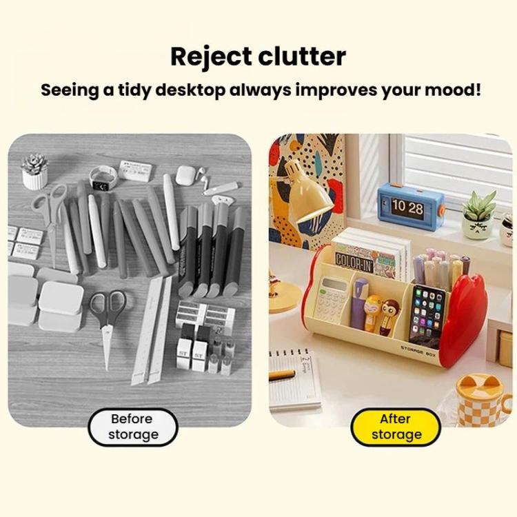 Desktop storage organizer with colorful compartments for pens, cosmetics, and small items