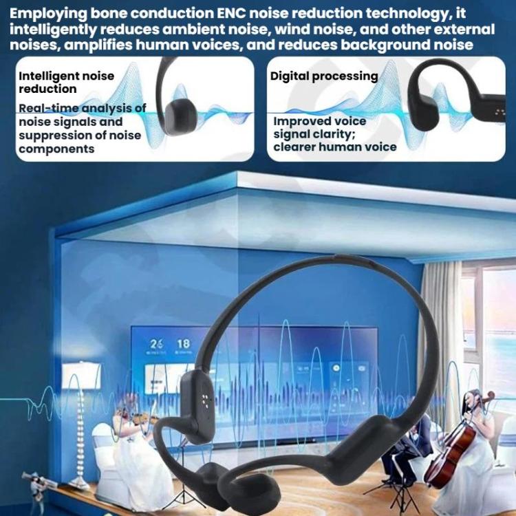 Dark gray bone conduction hearing aid with curved arc frame and ear contact pieces