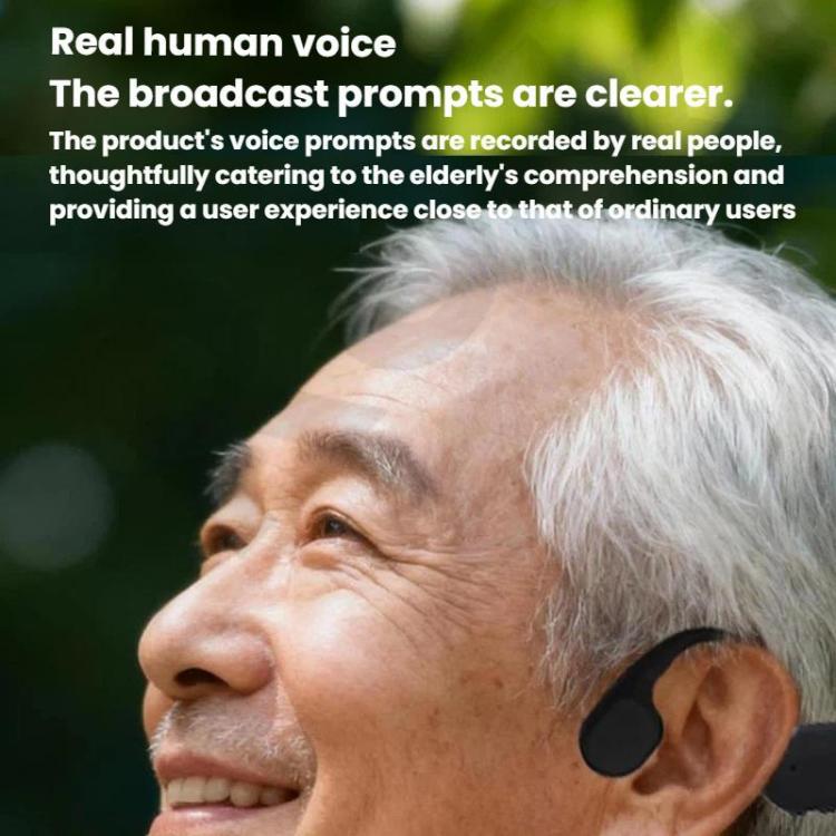 Dark gray bone conduction hearing aid on user’s ear with side microphone module