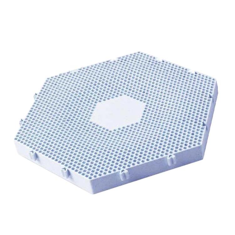 Blue hexagon cat scratcher mat with honeycomb scratching surface and round center cutout