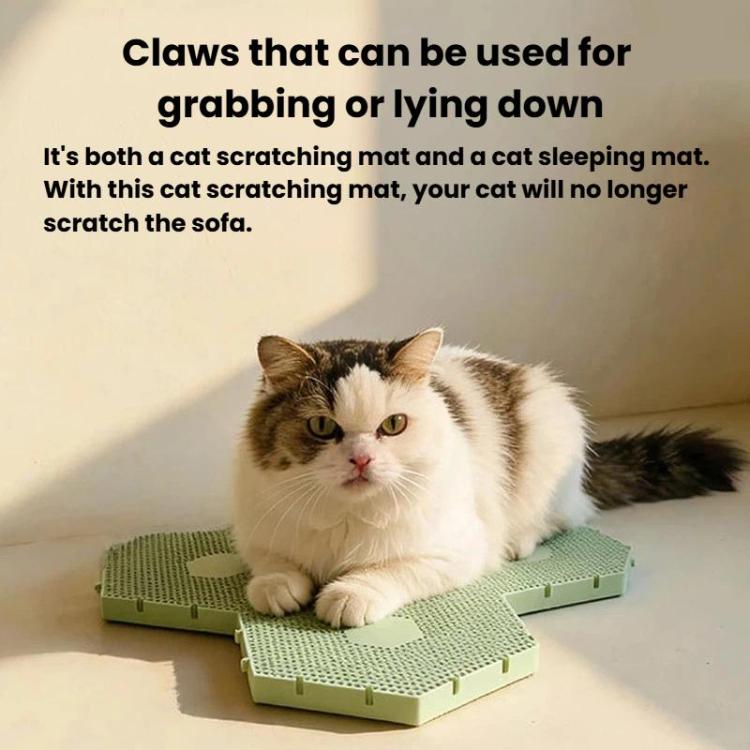 Green hexagonal cat scratcher mat with honeycomb surface and round center cutout