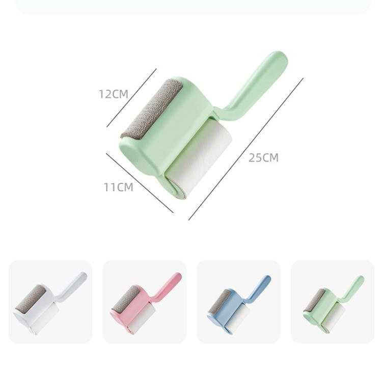 Household lint roller brush with mint green handle and gray bristles roller