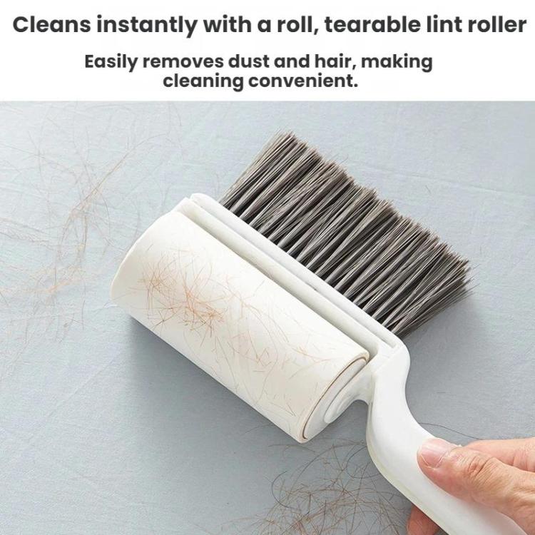 White lint roller brush with gray bristle roll removing dust and hair